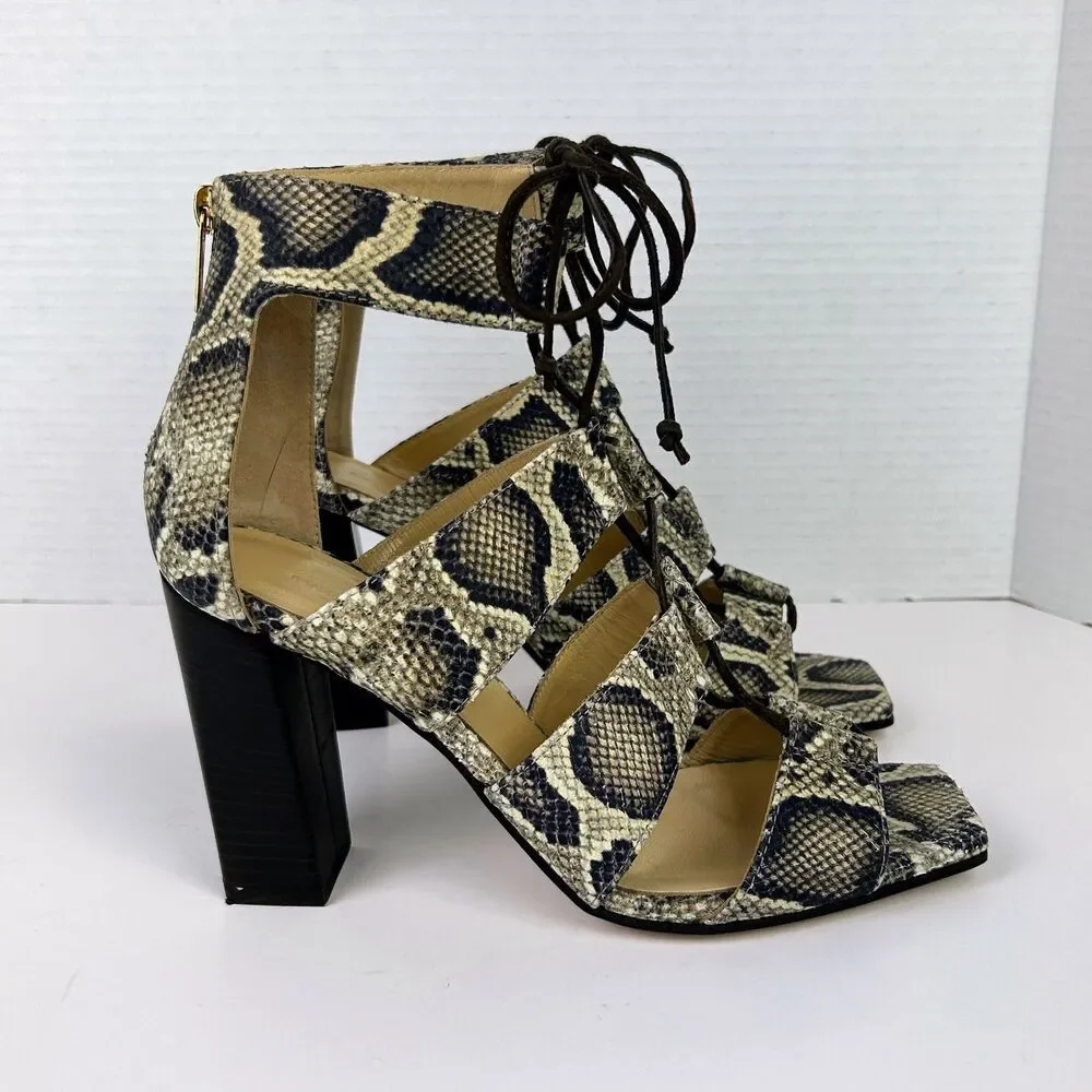 Banana Republic Almeria Sandals Open Toe Block Heels Snake Print Tan Leather 8.5